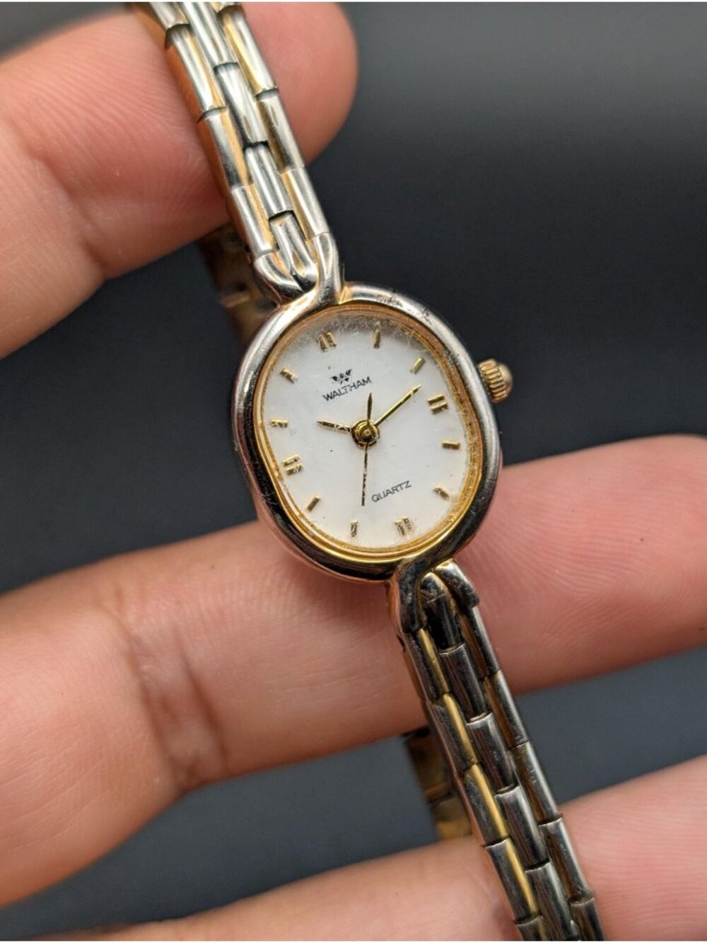 Vintage Waltham Two-Tone Quartz Ladies Watch, Dainty Oval Case Link Bracelet